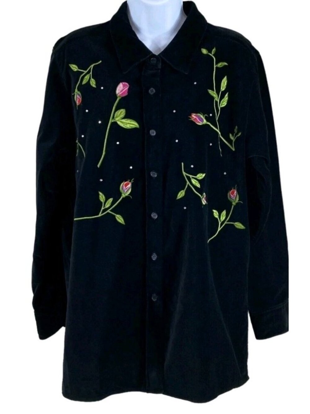 Quacker Factory Button Shirt Women 1X Black Velour Embroidered Roses Rhinestone